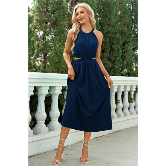 Women's Summer Dresses Maxi Sundress Halter Neck Sleeveless Cutout A-Line Dress - Picture 5 of 6